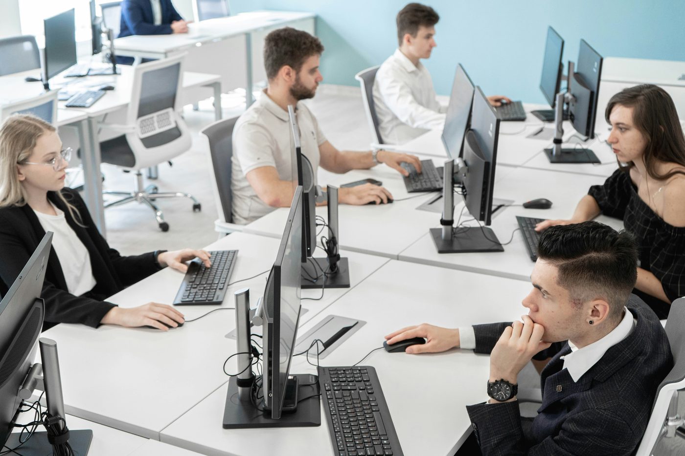 A team working at desks in an open office